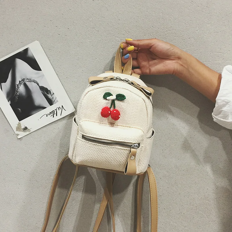 

Fashion Sweet Girls Mini Backpack Personality Straw Woven Backpack Cute Cherry Pompom Brand Design Shopping Travel Shoulder Bag