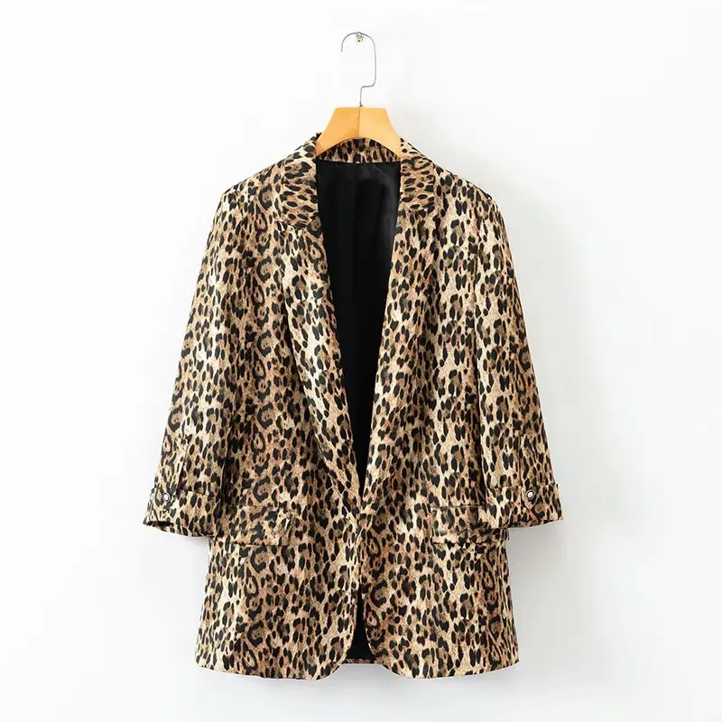 

women casual three quarter sleeve leopard pattern blazer autumn outerwear loose suit coat office lady cardigan jacket tops CT109
