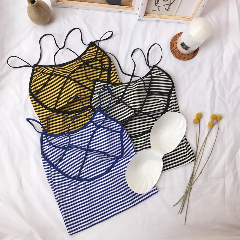 

Girls Sexy Hollow-out Short Striped Camis Tops With Seperated Pads Women Backless Padding Tanks Crop Tops For Female