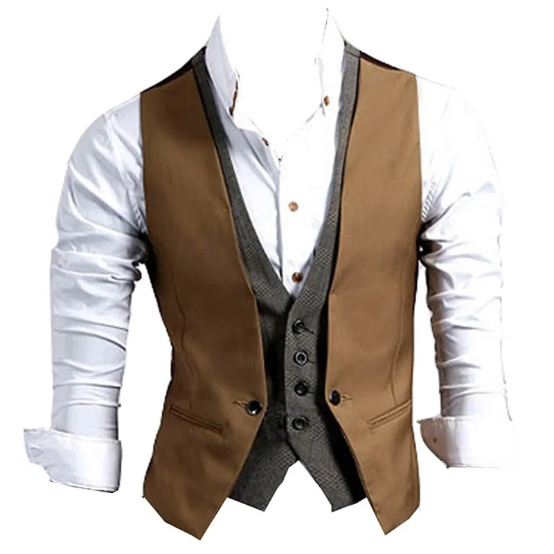 Fashion Faux Two Piece Male Slim Vest V neck Sleeveless Slim Fit Jacket