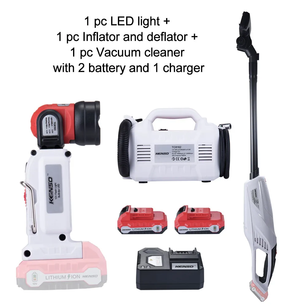 

3-Piece Combo Kit KEINSO 12V Lithium-Ion LED Light Inflator and Deflator Combination 2-Tool Cordless Power Tool 2.0Ah Battery