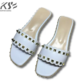 

slipper new 2018 Revit slide sandals women luxury designer genuine cow really leather lady shoes V flats slippers women fashiona