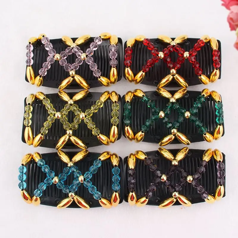 

Women Magic Beading Stretch Hair Combs Double Clip DIY Styling Accessories Imitation Crystal Elasticity Ponytail Clamp Bun Maker