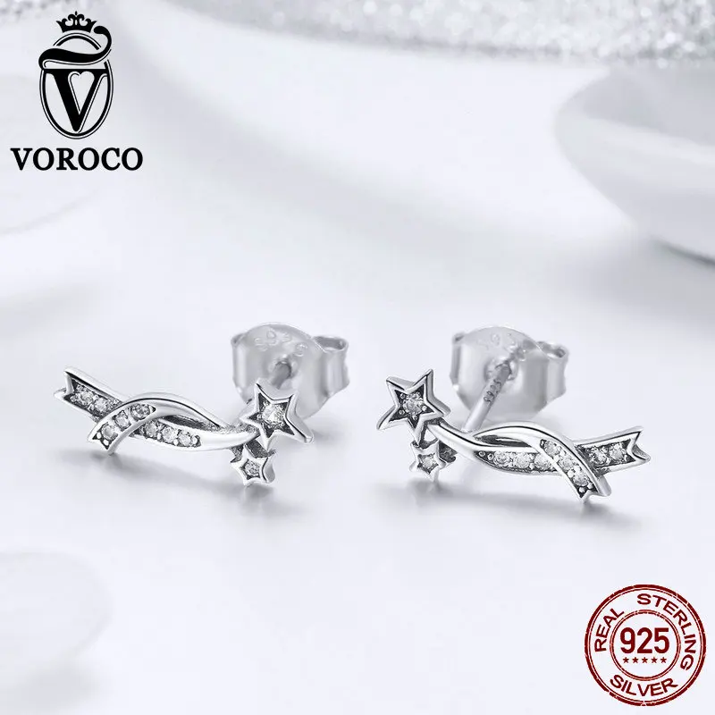 Женские блестящие серьги гвоздики VOROCO серебряные из настоящего 925 пробы с