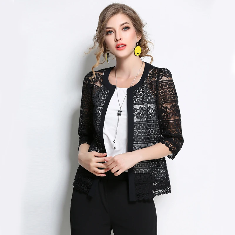 Black White Hollow Out Slim Solid Lace Shirt Jacket