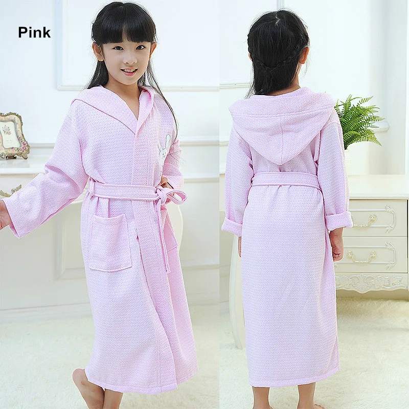Child Bathrobe Sleepwear Robe Cotton Waffle  Roupao pink