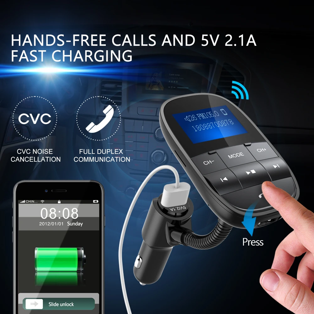 Nulaxy KM20 Car MP3 Players Bluetooth FM Modulator Support Flash Drive TF Card With Dual USB Car Charger FM Transmitter Car Kit