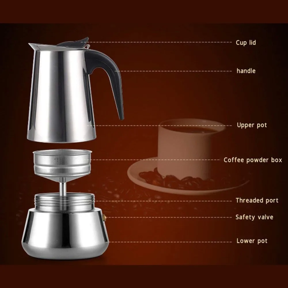 Espresso Coffee Maker Pot Stovetop Moka Coffee Pot Stainless Steel Teapot Mocha Latte Percolator 100200300450ML Biolomix (1)