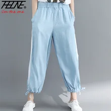 THHONE/джинсы для бега, женские повседневные брюки, шелковые джинсовые штаны с дырками и боковой полоской, женские джинсы для бега с эластичной резинкой на талии, Mujer