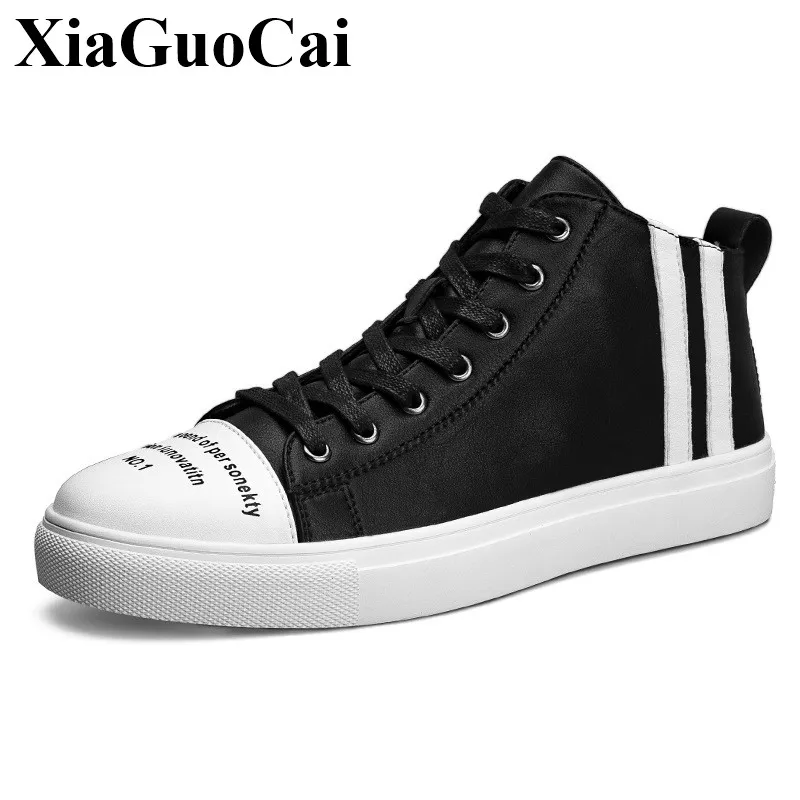 Fashion High top Casual Shoes Men Lace up Flats Leather Shoes Autumn