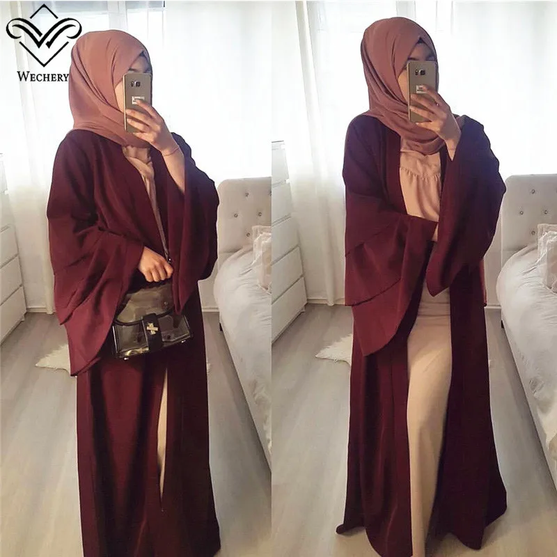 Wechery Oman Qatar Дубай абайя кимоно для женщин шифон материал качество мусульманское платье Красный Коричневый Черный Макси платья открытый дизайн - Цвет: Красный