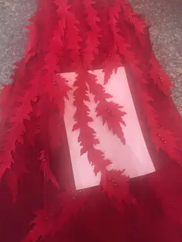 

High Quality African Lace Fabric 2019 Latest Red 3d Flower Tulle Lace Nigerian Lace With Beads And Feather For Wedding Party