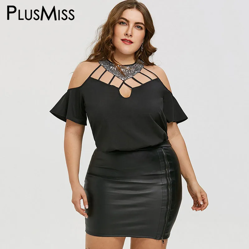 

PlusMiss Plus Size 5XL Summer Sequin Halter Top Ladies Cut Out Sexy Off the Shoulder Blouse Women Clothing Big Size Blusas 2018