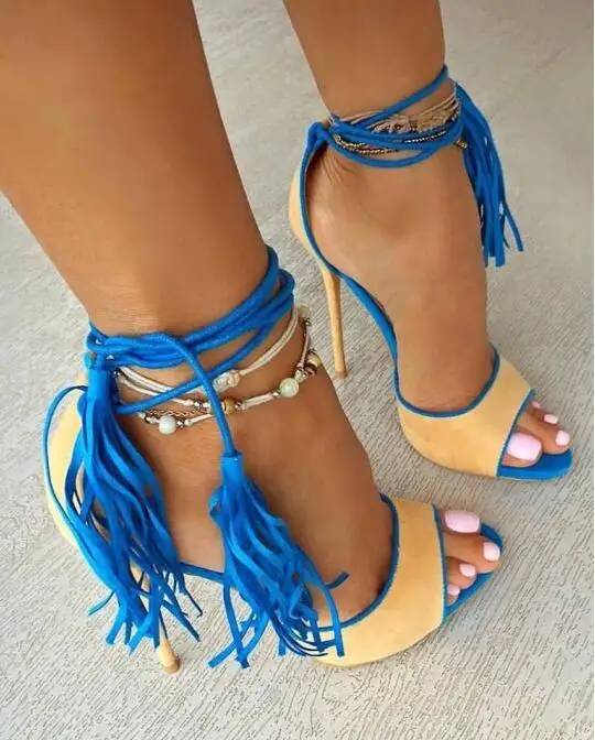 

Tassel Shoes Women Chic Fuchsia Suede Fringe Sandals Concise Ultra High Heels Lace-up Rose Red Yellow Cross Tied Dress Pumps