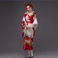 Бургундия японская национальная леди шелковое атласное кимоно женщина Винтаж юката с Obi Новинка вечернее платье один размер WK067