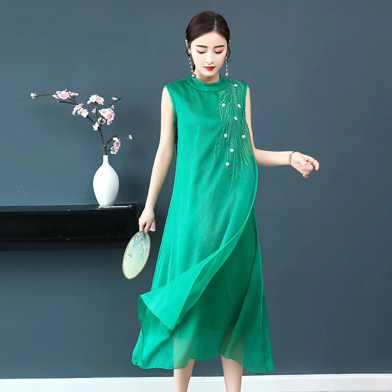 

Summer green Silk Chiffon Dress for Women Plus Size High Quality Robe Midi Dresses floral Elegant Vintage Sleeveless Clothing
