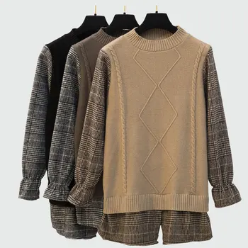 

Plus Size 4xl Women Sweater Ruffle Sleeve Fake Two Pieces Pullover 2018 Autumn Winter Plaid Patchwork Ladie Oversize Pull Femme