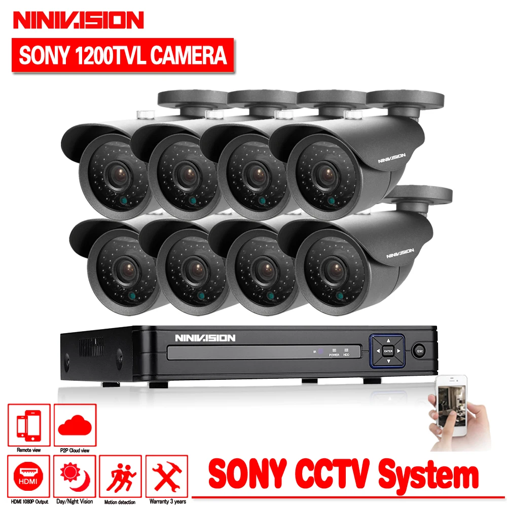  NINIVISION HD 1200TVL de la cámara de vídeo de vigilancia 8ch 1080N CCTV DVR HVR NVR sistema de seg