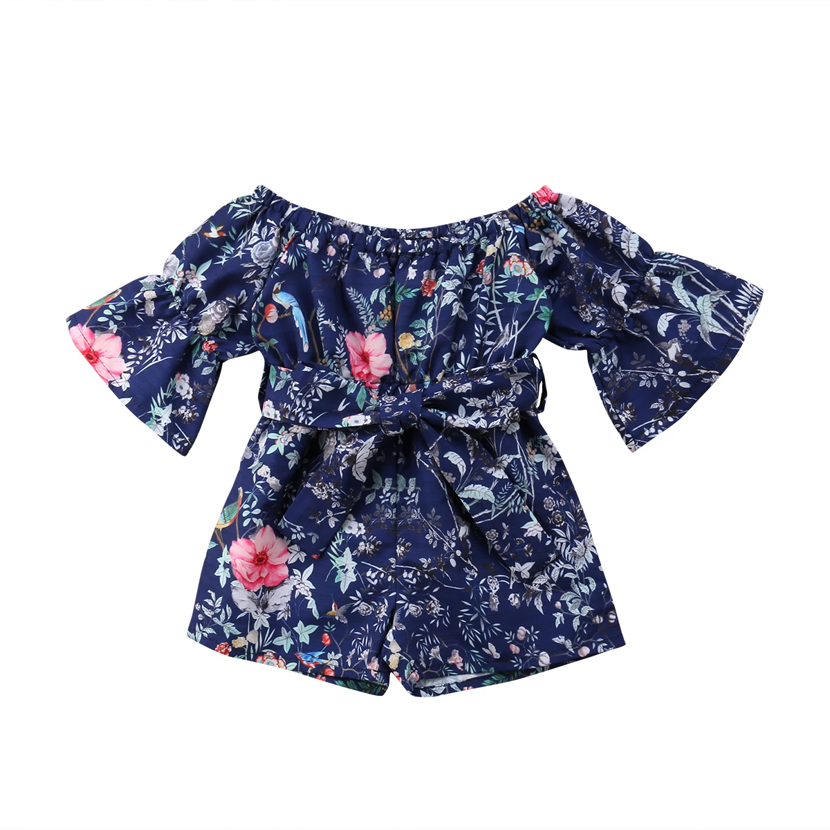 Summer Toddler Kids Baby Girls Off Shoulder Rompers Floral Navy Blue
