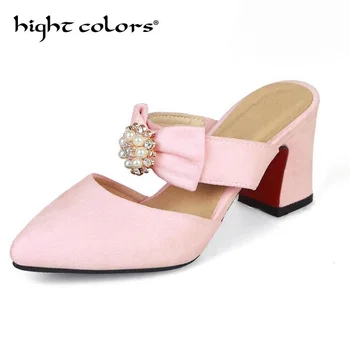 

Fashion Bow-tied Pearls Women Mules Pumps Pointed Toe Slip-on Chunky Heel Sandals Street Style Women Slippers Spring Summer