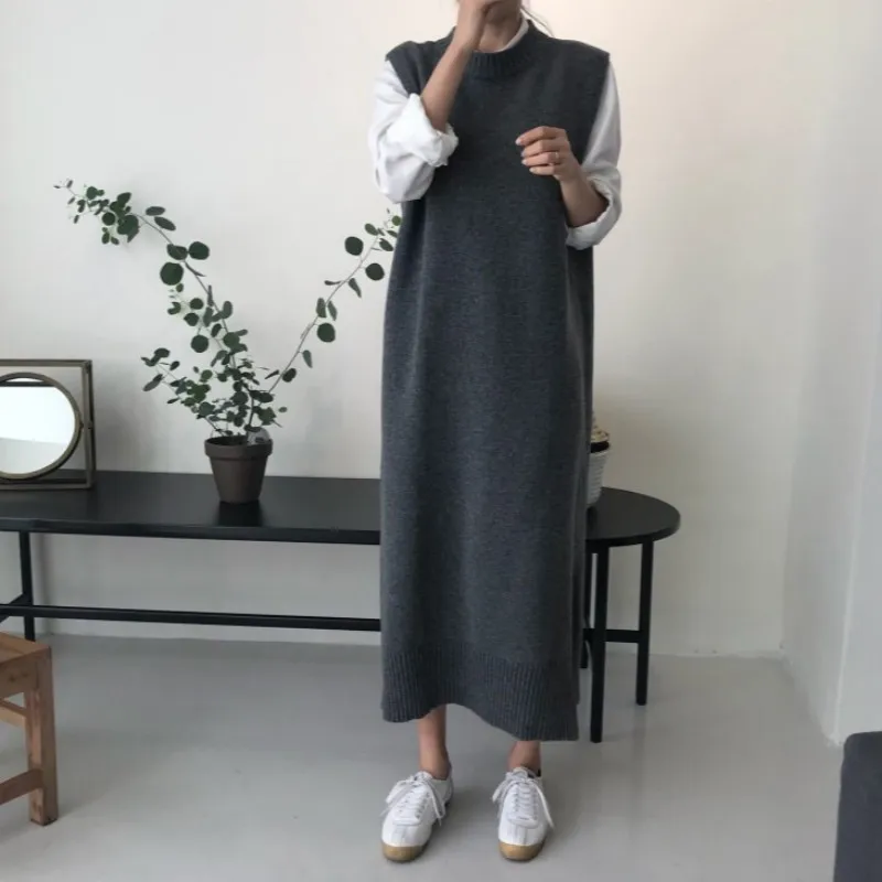 

Women Autumn Winter Sleeveless Tank Sweater Long Dress Female Straight Vest Knitted Vestido Loose Sarafan Robe Femme Clothes