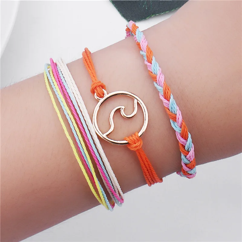 

LWMMD 3Pcs/set Pure Life Hippie Boho beach Surf Bracelets handmade wave charms Friendship bracelet wax string Bracelets&Bangles
