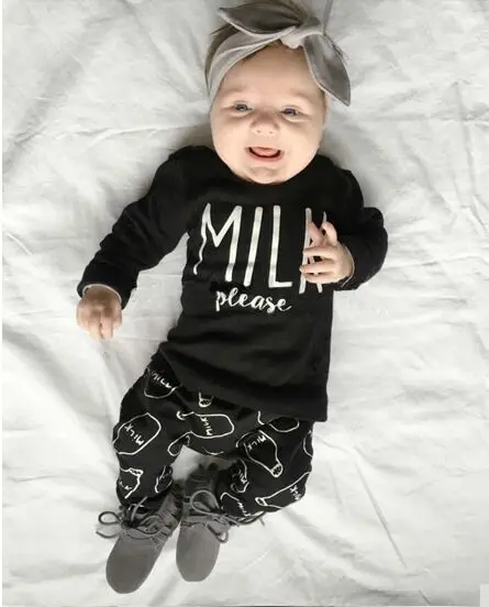 Conjunto ropa para bebés recién nacidos, de algodón de manga larga "Milk Please", camiseta negra + Pantalones, 2 uds.|set de ropa| - AliExpress
