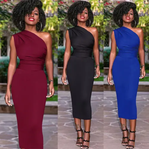

Fashion Solid Single Should Sleeveless Long Dress Summer Women Slim Bodycon OL Business Office Formal Party Evening Pencil Dress