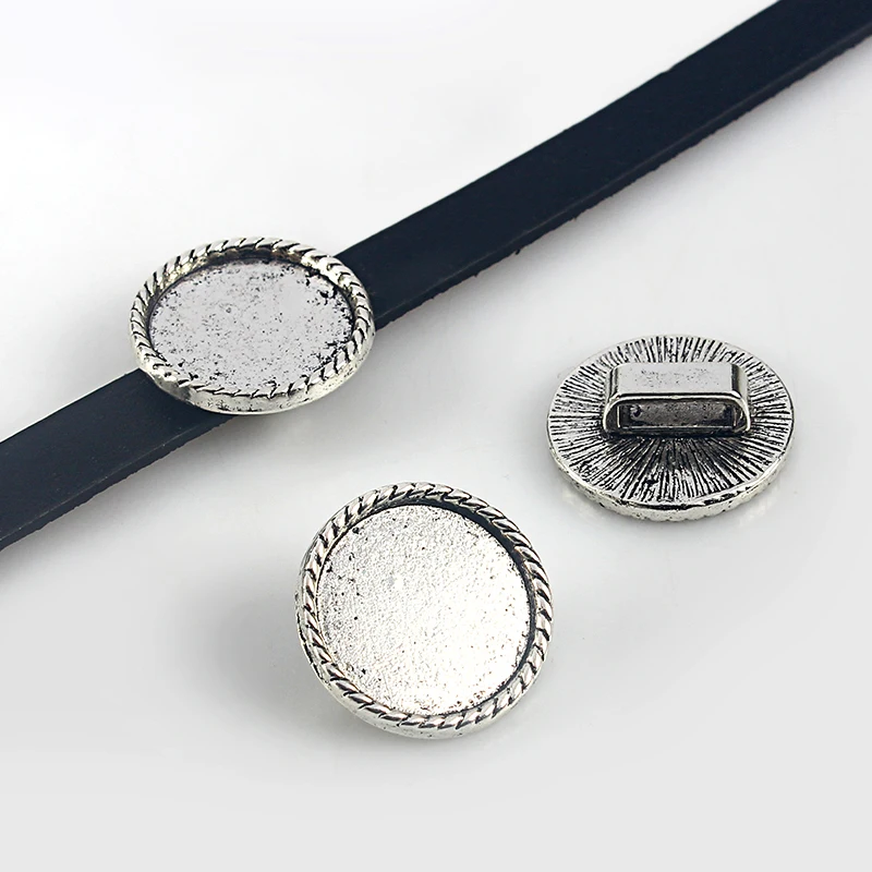 

10pcs Antique Silver Slider Spacer Fit 10*2mm Flat Leather Cord ,19mm Round Base Bezel Setting For Cameo Jewelry Making
