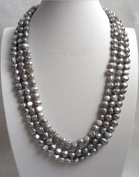 

QW78 16" baroque 3row Gray freshwater pearls necklace ^^^@^Noble style Natural Fine jewe FREE SHIPPING