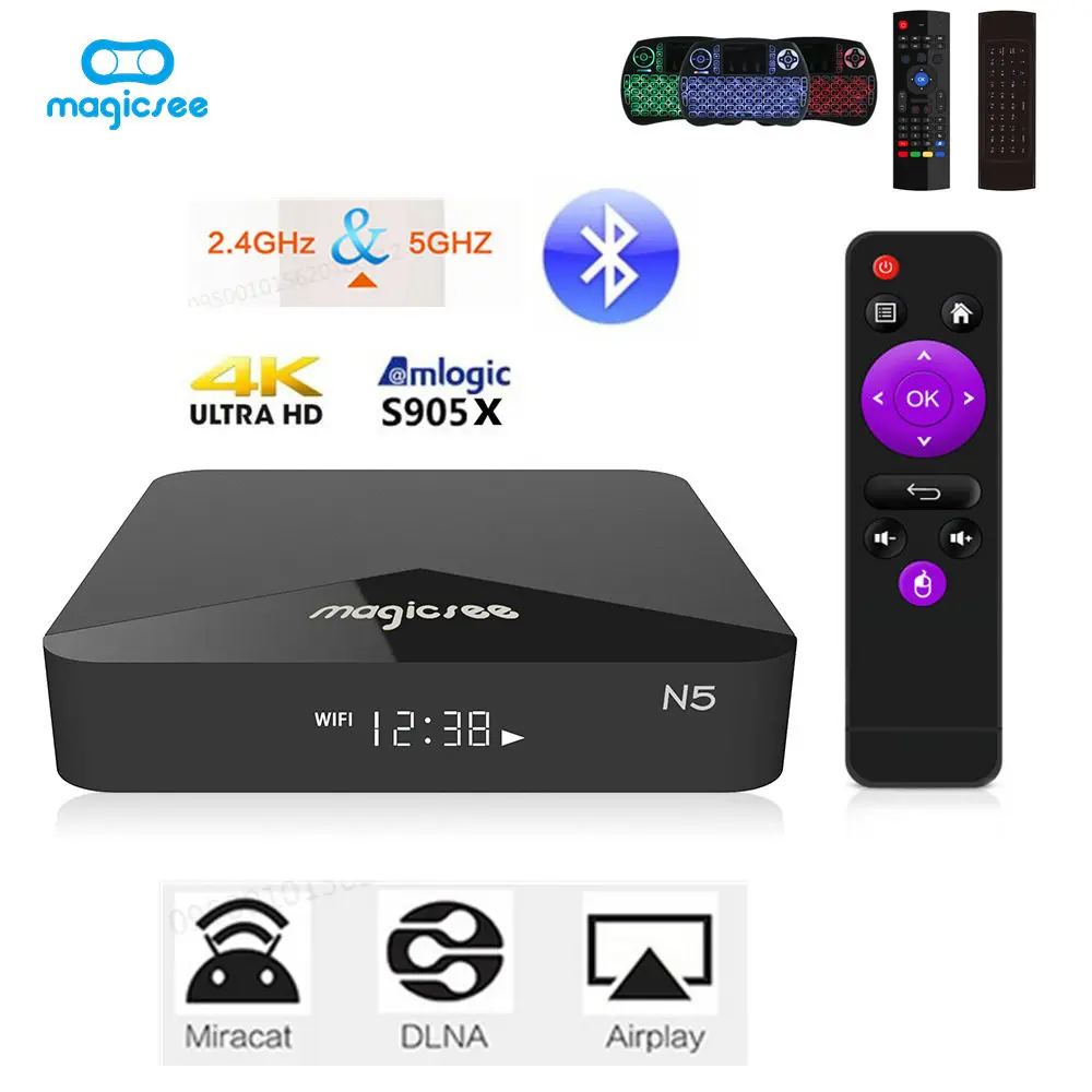 

MAGICSEE N5 Android TV OS TV Box Amlogic S905X Android 7.1.2 2GB RAM + 16GB ROM 2.4G + 5G WiFi 100Mbps BT4.1 Support 4K H.265