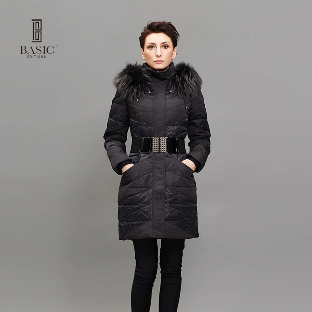 BASIC EDITIONS Womens Winter Jacket Coat Hooded Slim Long
