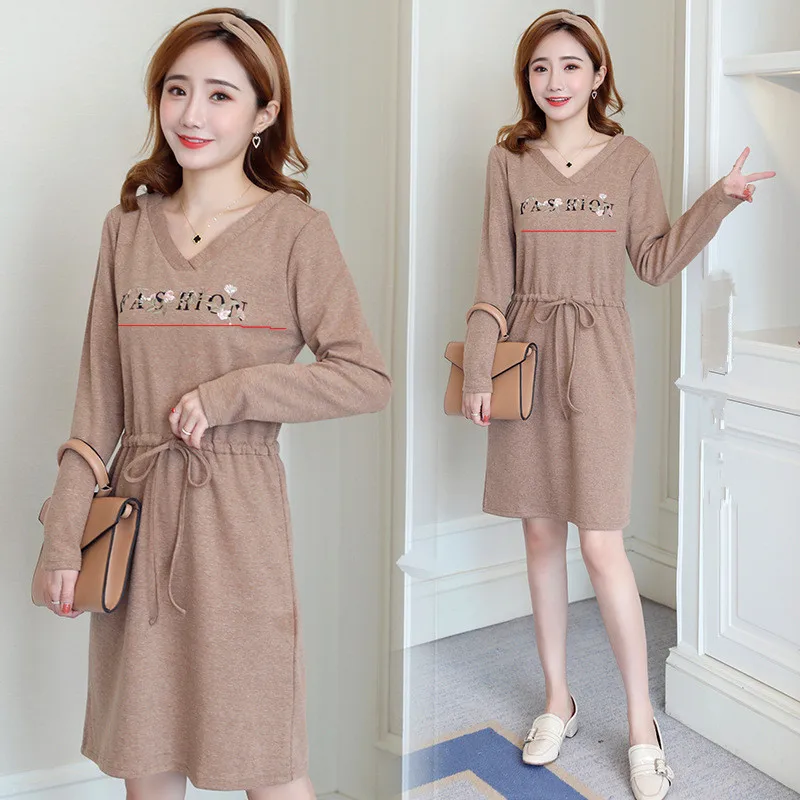 

2018 Maternity Dress Autumn And Winter Long Sleeves Sweater Patchwork V Neck Loose Stylish Dress For Pregnant Women Dress
