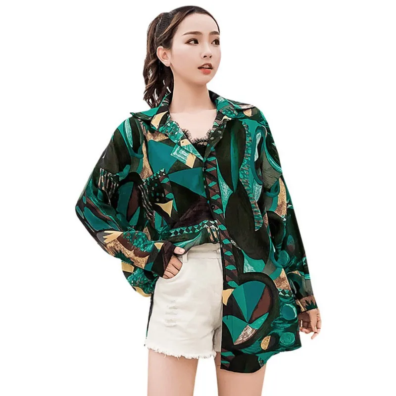 

Women Retro Cartoon Print Lapel Shirt Loose Single-breasted Long Sleeve Sun Protection Green Blouse