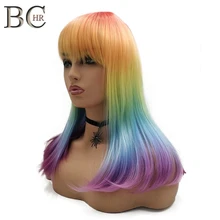 BCHR 18Inch Rainbow Color Straight Wig for Women Synthetic Wig with Flat Bang Cosplay Wig Free Shipping adiors short silky straight inclined bang synthetic wig