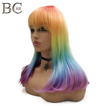 BCHR 18Inch Rainbow Color Straight Wig for Women Synthetic Wig with Flat Bang Cosplay Wig Free Shipping long side bang straight my little pony lily cosplay wig