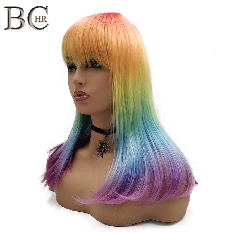Peluca recta de Color arcoíris de 18 pulgadas BCHR para mujer peluca sintética con Peluca de Cosplay de explosión plana envío gratis Peluca recta de Color arcoíris de 18 pulgadas BCHR para mujer peluca sintética con Peluca de Cosplay de explosión plana envío gratis