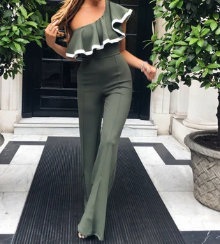 

Ruffles Jumpsuits Women Female Plus Size Slim Overalls 2017 Autumn One Shoulder Jumpsuit Wide Leg Pants Sexy Long Playsuit GV874