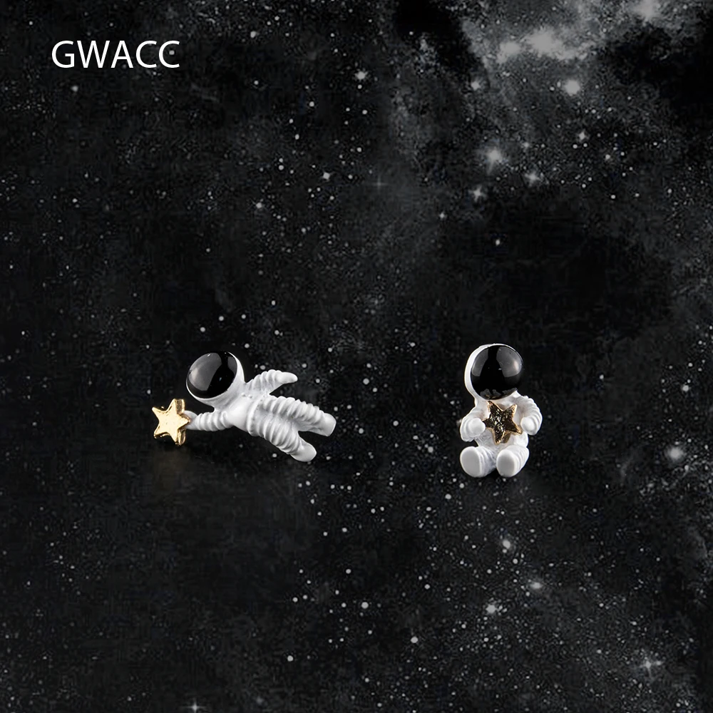 

GWACC Astronaut Stud Earrings Korea Creative Cute Design Starry Sky Space Star Asymmetrical Small Earrings for Women Girl Gift