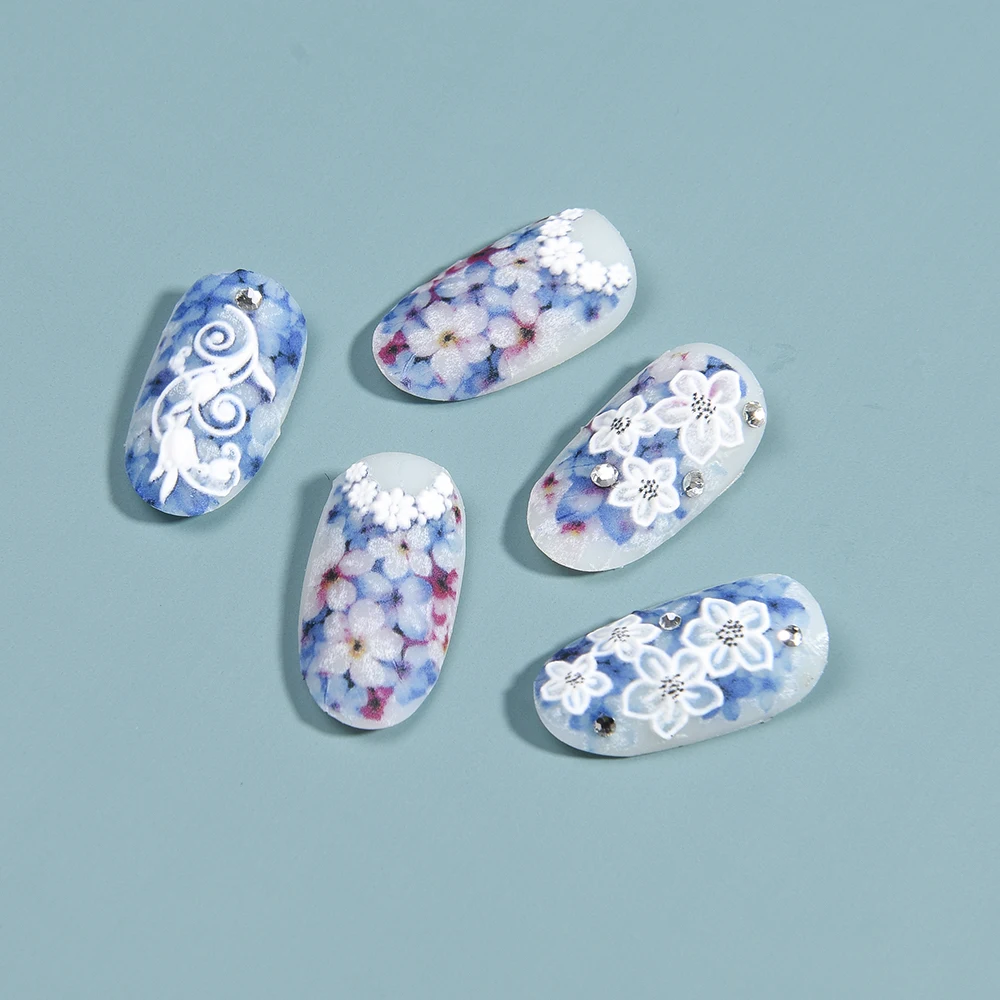 3D Acrylic Engraved flower Nail Sticker blue flowers birds Water Decals Empaistic Nail Water Slide Decals Z0165