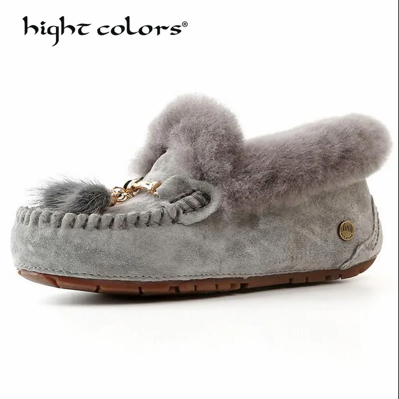 

Woman Flats Loafers Pear Shoes Wool Winter 2018 Genuine Leather Female Snow Shoes Bow Fur Slip On Cotton Padded 41 Size