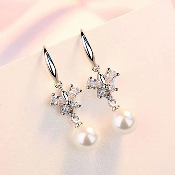 

Korean Sterling 925 Silver Drop Pearl Earrings for Women Diamonds Long Pearl Simple Jewelry Brincos Bizuteria Gemstone earrings