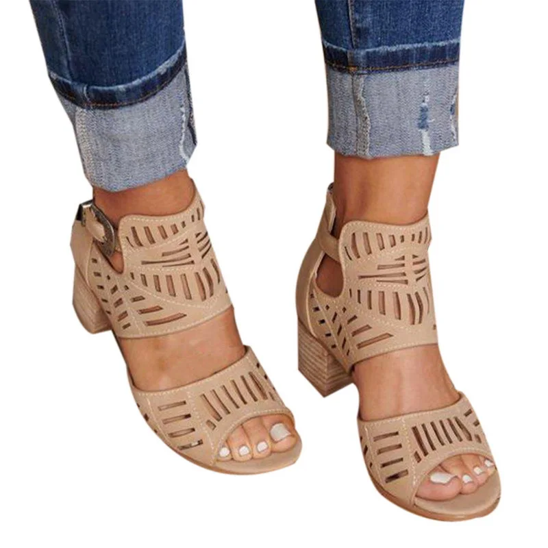 SHUJIN/летние женские босоножки; модная женская обувь с вырезами; обувь на среднем квадратном каблуке; удобная обувь с открытым носком из искусственной кожи - Цвет: Apricot