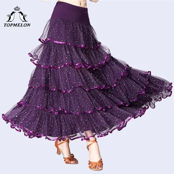 

TOPMELON 2018 Ballroom Flamenco Spain Skirts for Women Sequined Ruffles Long Shinny Dancing Skirts Waltz Mesh Dance Wear