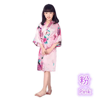 Розовый детский халат с павлином, детское атласное кимоно, халат подружки невесты, платье с цветочным узором для девочек, шелковая Детская Пижама-халат, халат для детей от 2 до 14 лет