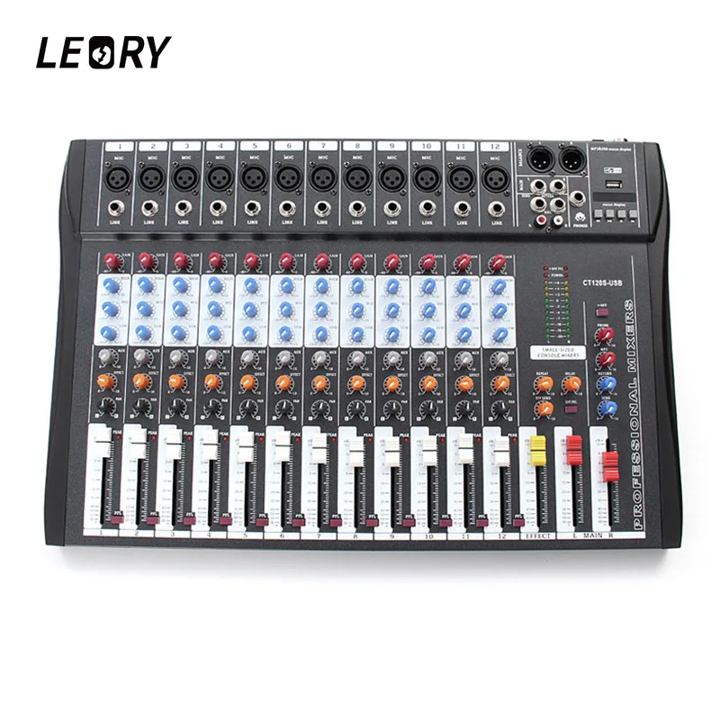 

LEORY 12 Channel Karaoke Audio Mixer Professional Microphone Amplifier Sound Console Mixing With USB 48V Phantom Power