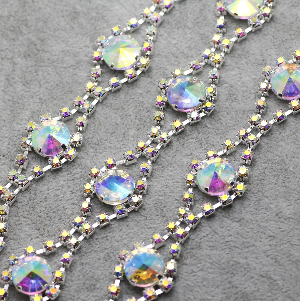 

1 yard Round Crystal AB Rhinestone Cup Chain Rhinestone Trim Silver Base For Wedding Dress Decoration Rhinestone Applique Sew on