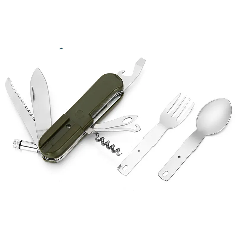 

NEW outdoor tableware LED lamp stainless steel knife fork spoon camping Picnic edc hiking snowflake multi tool keychain tactical