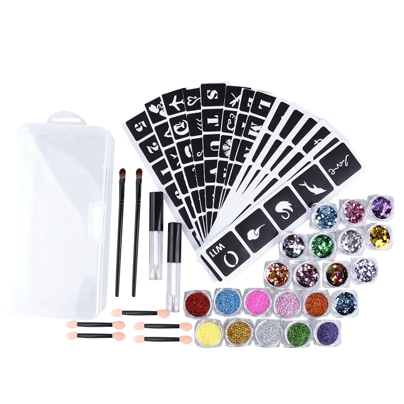 

22x Colors Powder Temporary Fashionable Multi-Color Glitter Shimmer Tattoo Kit for Body Art Design Paint, Glue and Brushes