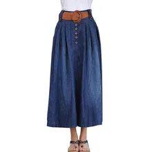 MORUANCLE Женская Мода Высокая Талия Длинные джинсовая юбка с поясом Дамы плиссированные макси джинсы рубашки плюс Размеры S-6XL эластичный пояс